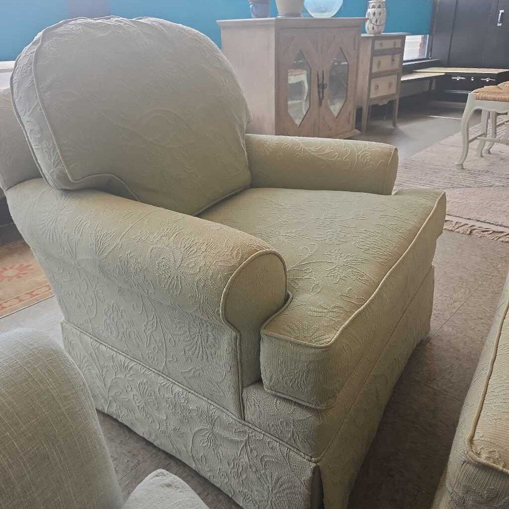 Ethan Allen Skirted Club Chair & Ottoman with Embossed Floral Upholstery