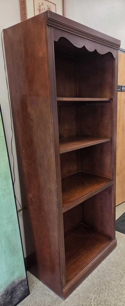 Dark Wood Finish Lighted Bookshelf with Scalloped Top & Adjustable Shelves