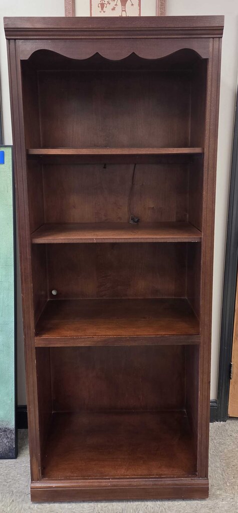 Dark Wood Finish Lighted Bookshelf with Scalloped Top & Adjustable Shelves