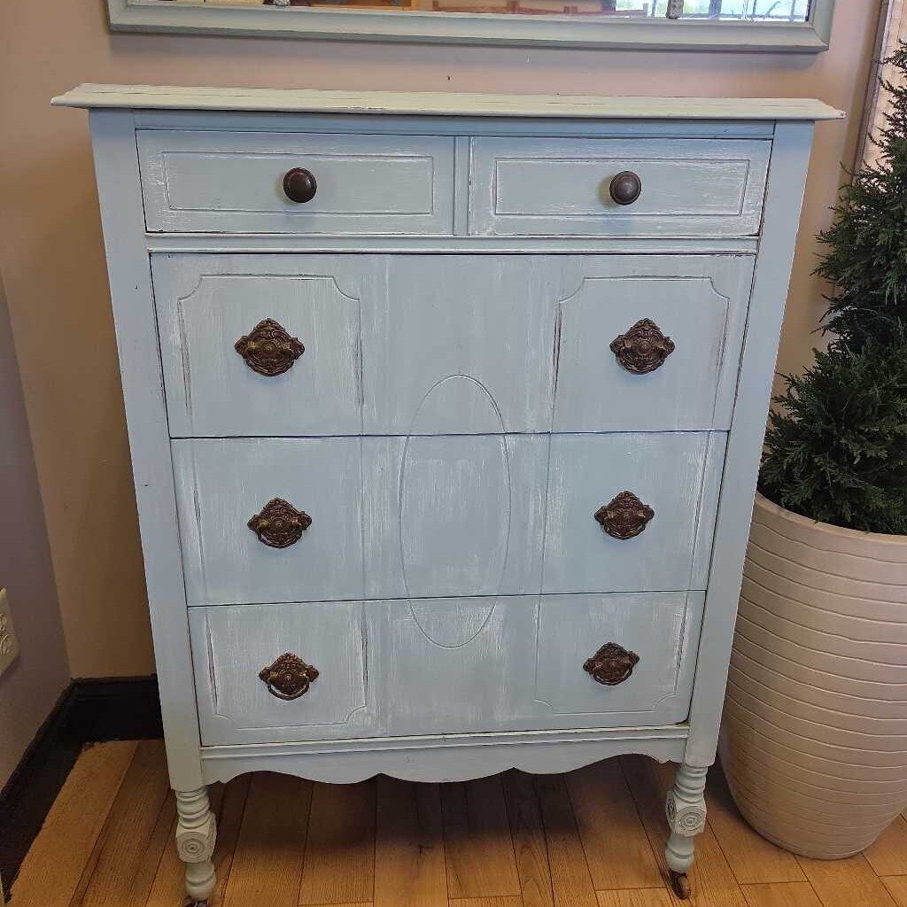 Distressed Cottage Style Dresser with Ornate Pulls and Overhead Mirror