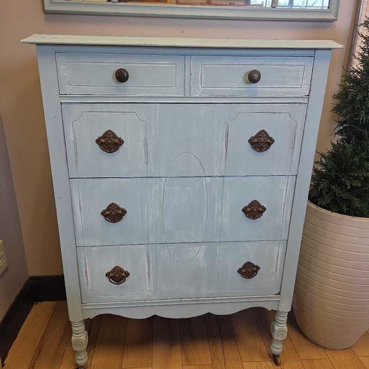 Distressed Cottage Style Dresser with Ornate Pulls and Overhead Mirror