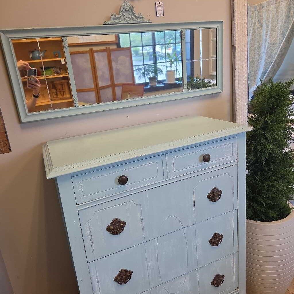 Distressed Cottage Style Dresser with Ornate Pulls and Overhead Mirror