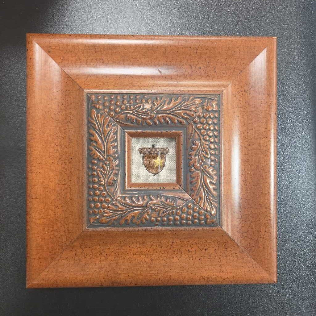 Cross Stitch Acorn in Wood Frame with Fall Embellishments