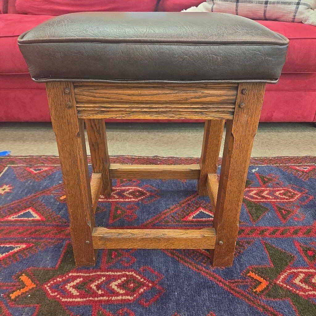 Mission Style Oak Stool with Leather Upholstery (4 Available)