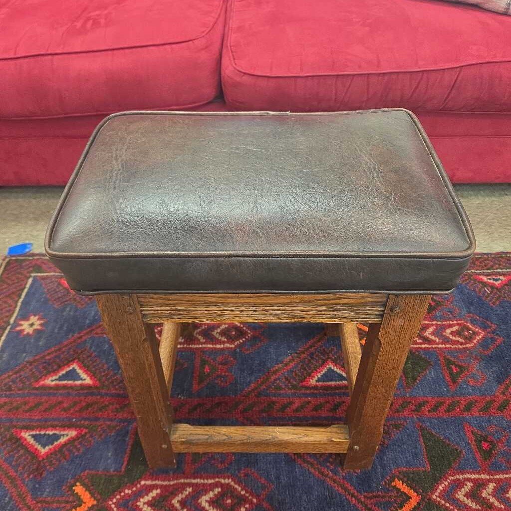 Mission Style Oak Stool with Leather Upholstery (4 Available)