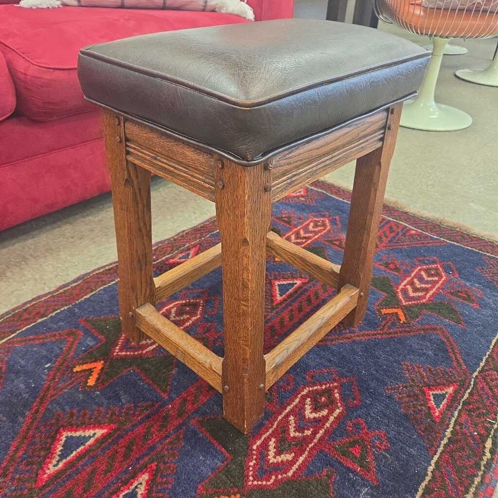 Mission Style Oak Stool with Leather Upholstery (4 Available)