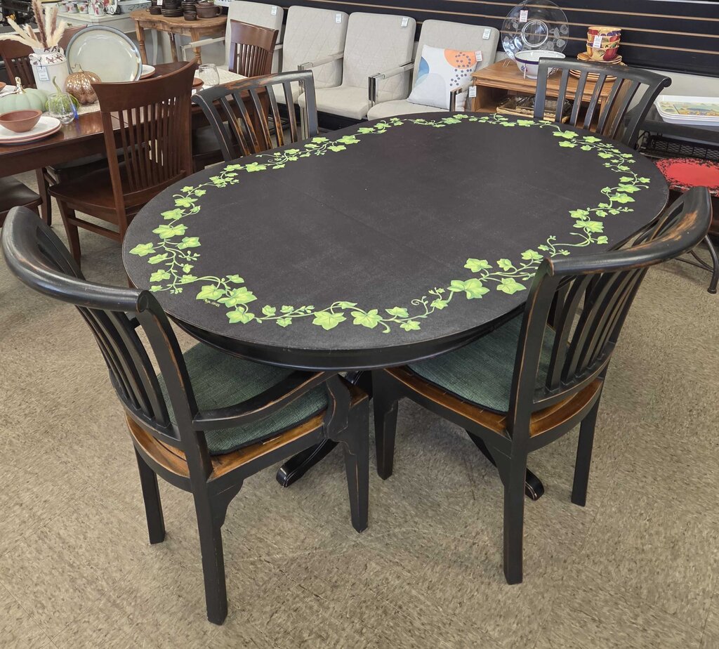 Dark Wood Dining Table with Pedestal Base & 4 Cushioned Chairs - Hand Painted Canvas Top
