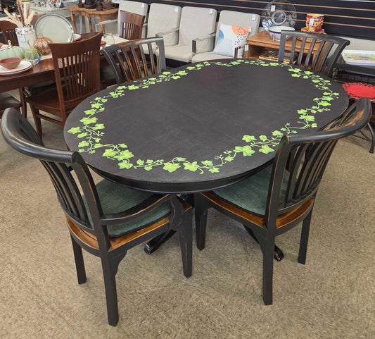 Dark Wood Dining Table with Pedestal Base & 4 Cushioned Chairs - Hand Painted Canvas Top