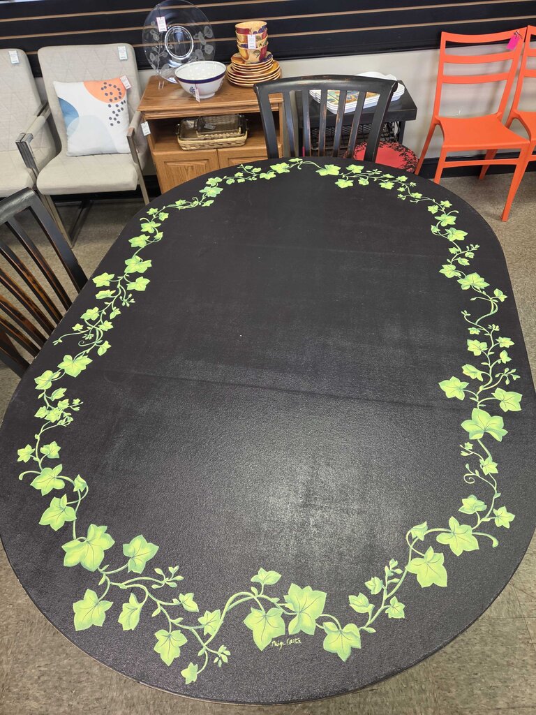 Dark Wood Dining Table with Pedestal Base & 4 Cushioned Chairs - Hand Painted Canvas Top