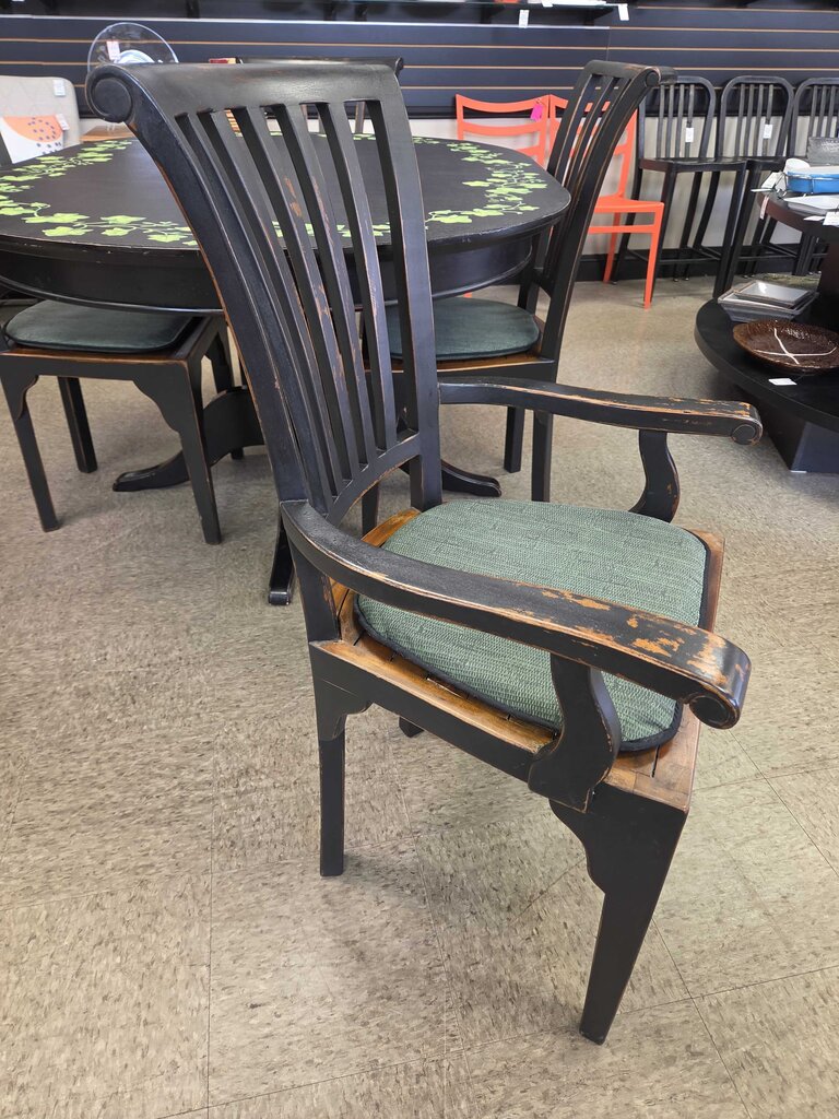 Dark Wood Dining Table with Pedestal Base & 4 Cushioned Chairs - Hand Painted Canvas Top