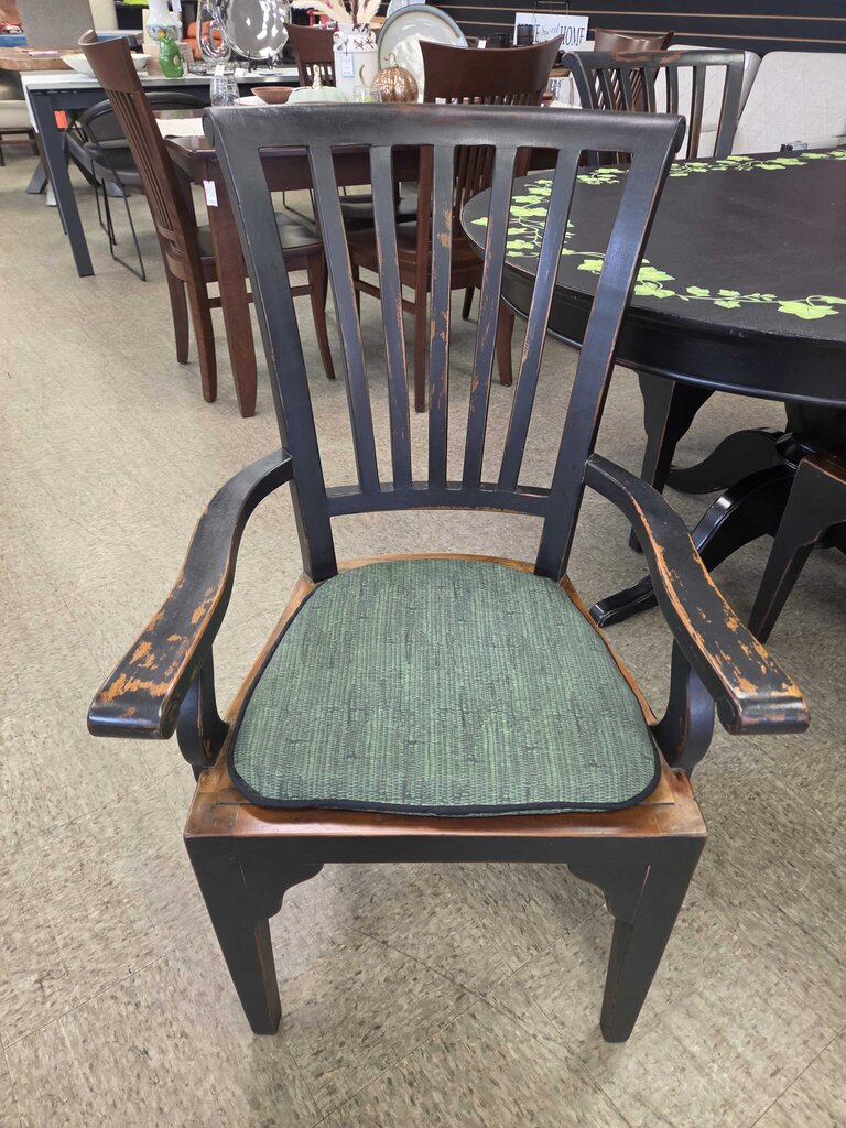 Dark Wood Dining Table with Pedestal Base & 4 Cushioned Chairs - Hand Painted Canvas Top