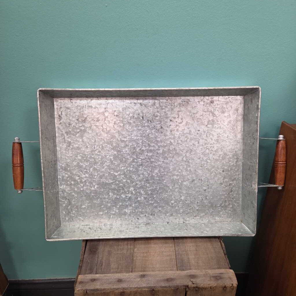 Pottery Barn Galvanized Metal Serving Tray with Wooden Handles