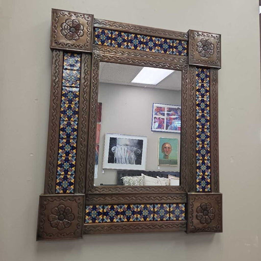 Mexican Punched Bronze Tone Tin Mirror with Talavera Tiles
