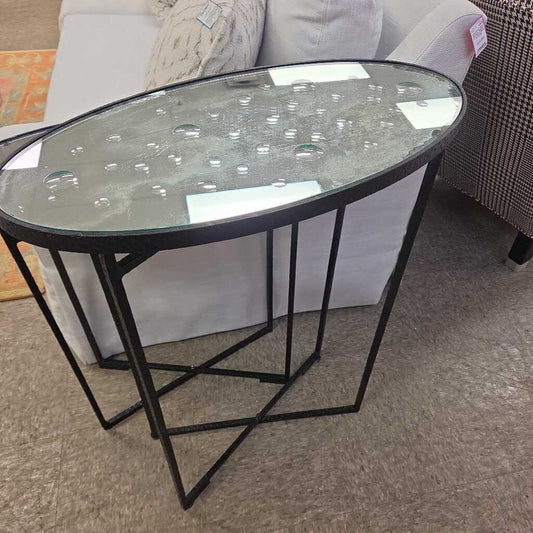 Mid-Century Modern Oval Mirrored Side Table with Iron Base