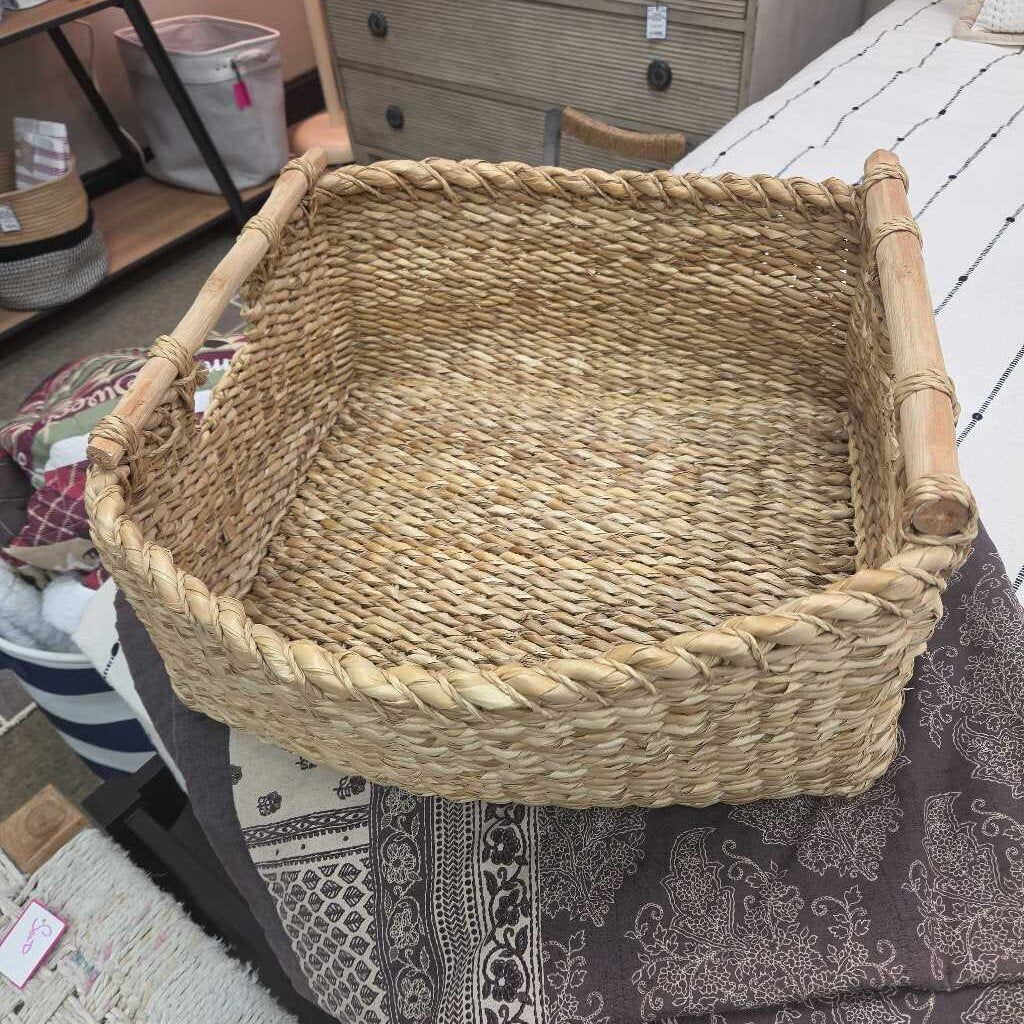 Rectangular Hand Woven Hyacinth Storage Basket w/Wood Handles