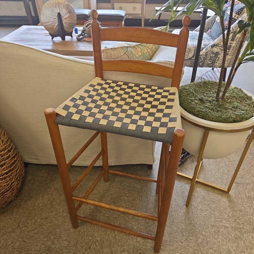 28.5" Vintage Wooden Ironing Stool with Checkerboard Woven Seat