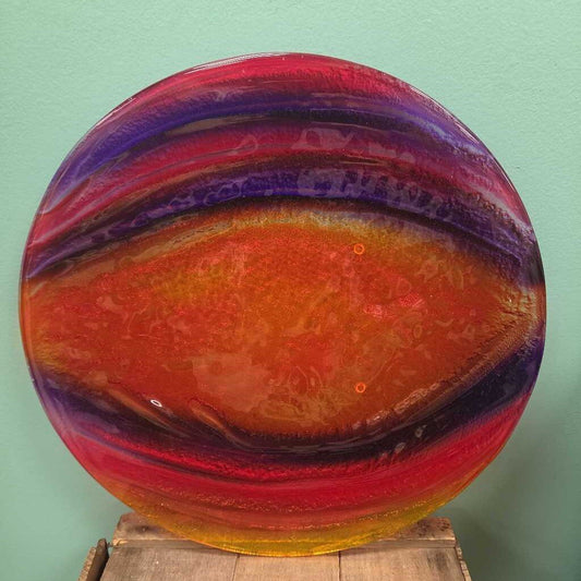 Contemporary Hand-Blown Art Glass Plate with Vibrant Multi-Color Swirls