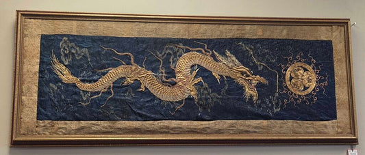 Vintage Chinese Silk Embroidered Dragon Panel (Framed)
