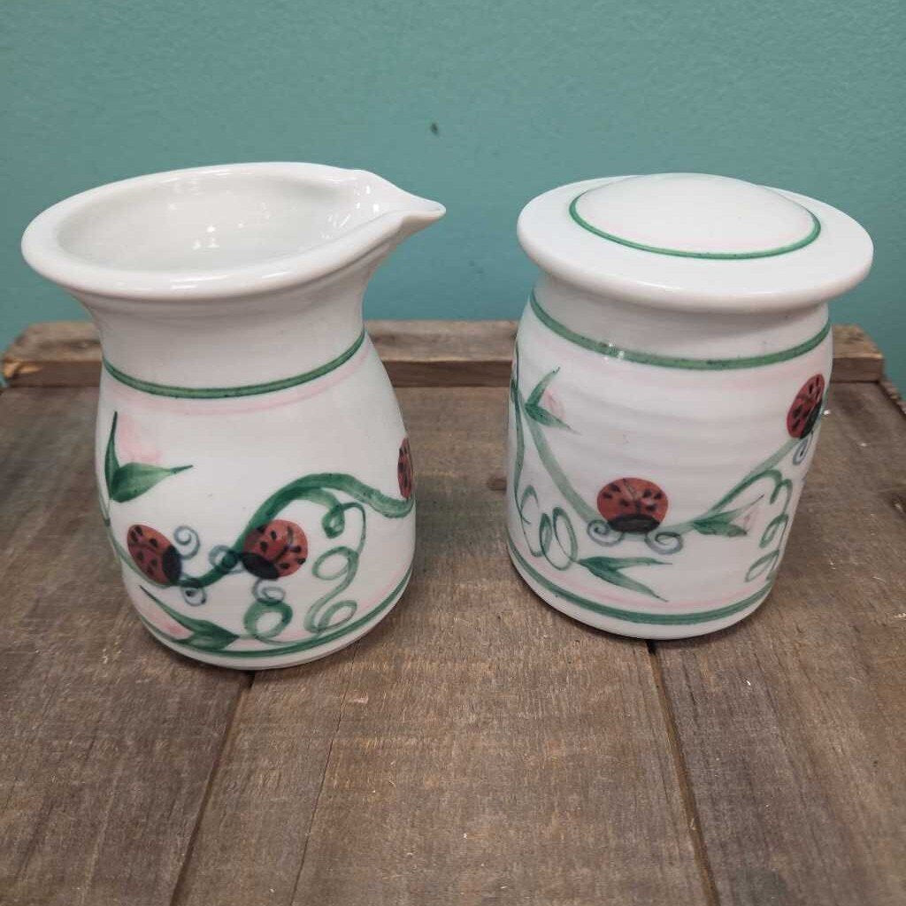 Ceramic Creamer & Sugar Bowl w/Ladybug Design