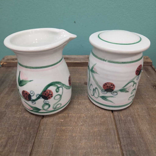 Ceramic Creamer & Sugar Bowl w/Ladybug Design