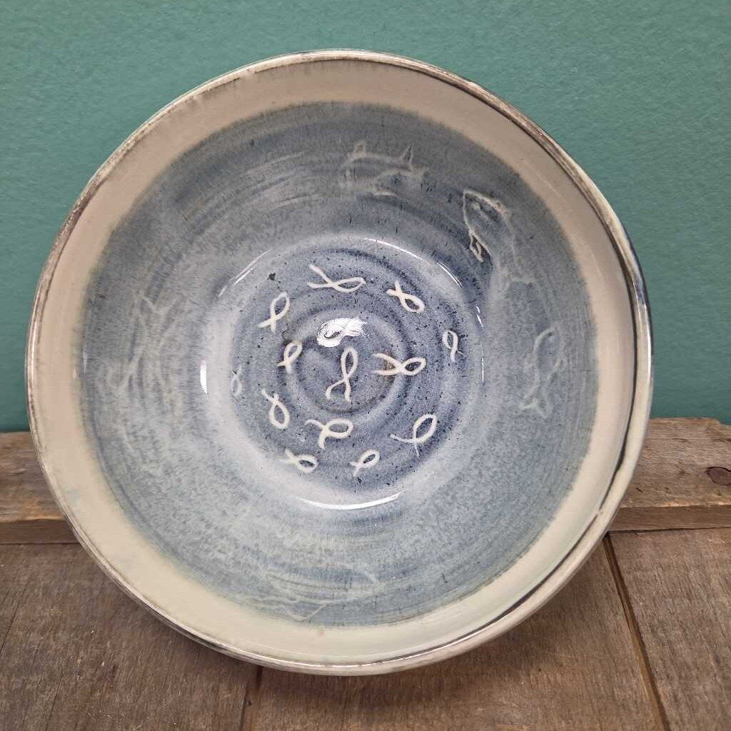 Ceramic Glazed Studio Pottery Bowl with Fish Design