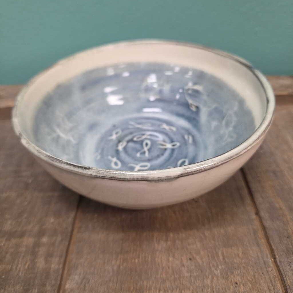 Ceramic Glazed Studio Pottery Bowl with Fish Design