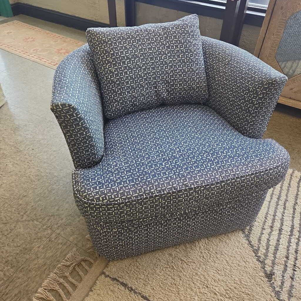 Blue and White Patterned Swivel Barrel Chair
