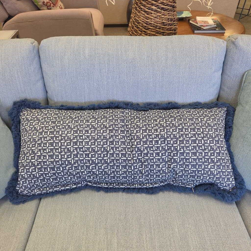 Blue and White Patterned Down Lumbar Pillow with Fringe