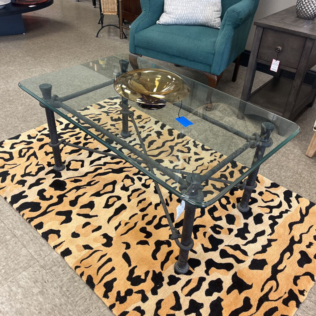 Vintage Diego Giacometti Style Wrought Iron Glass Top Coffee Table