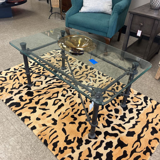Vintage Diego Giacometti Style Wrought Iron Glass Top Coffee Table