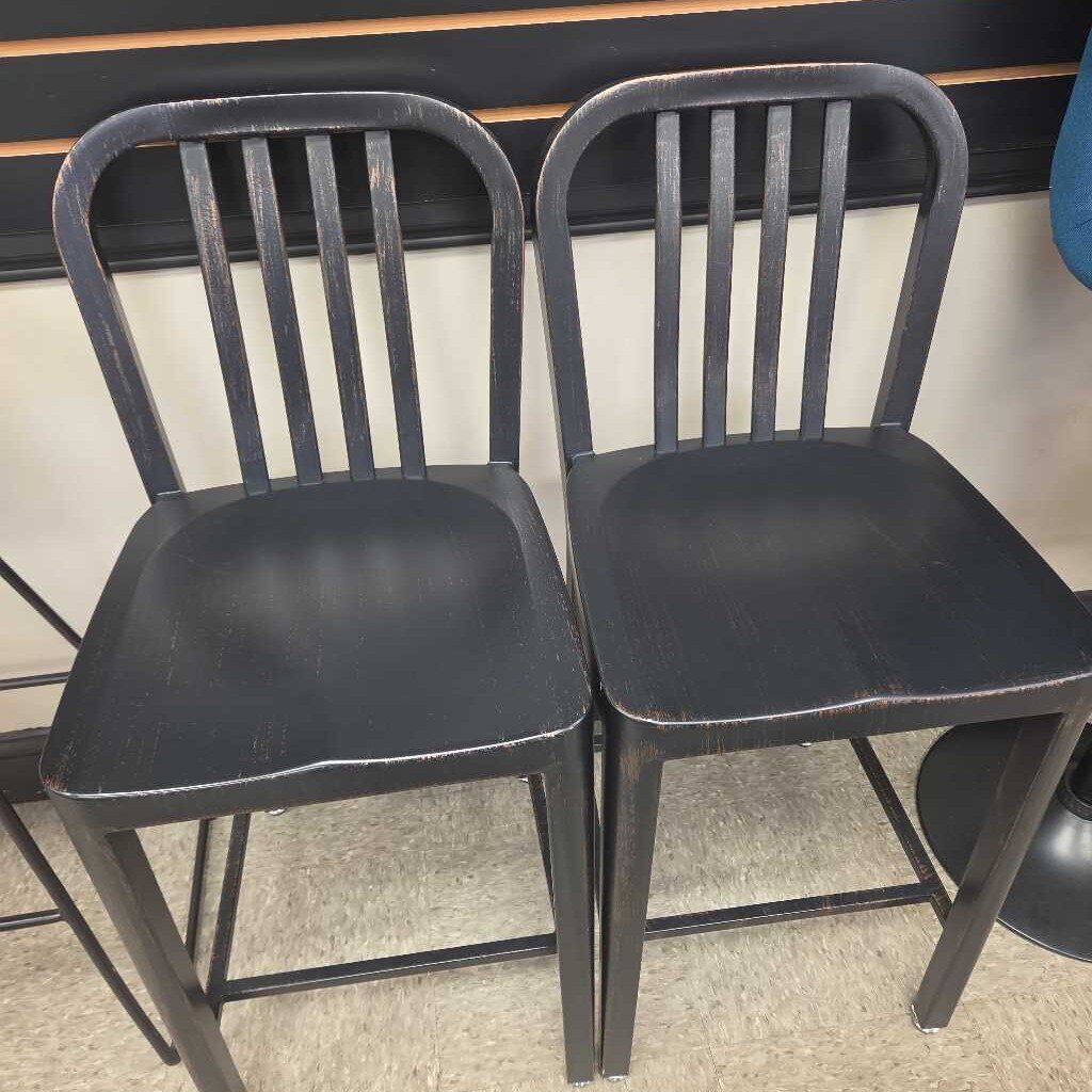 24" Metal Bar Stool with Curved Slat Back and Distressed Finish (2 Available)