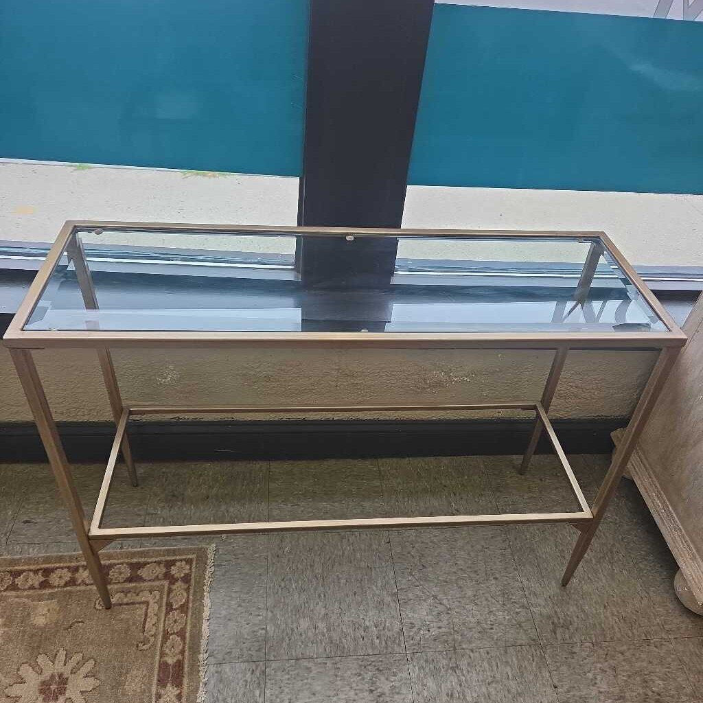 Modern Slim Gold-Tone Metal Glass Console Table