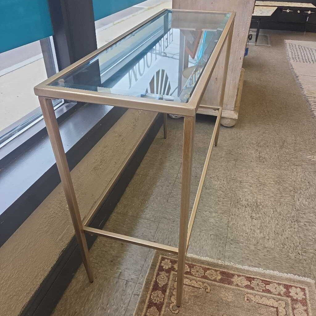 Modern Slim Gold-Tone Metal Glass Console Table