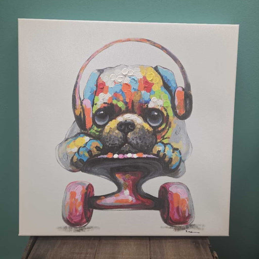 Abstract Dog on Skateboard Oil on Canvas Print w/Hand Painted Accents