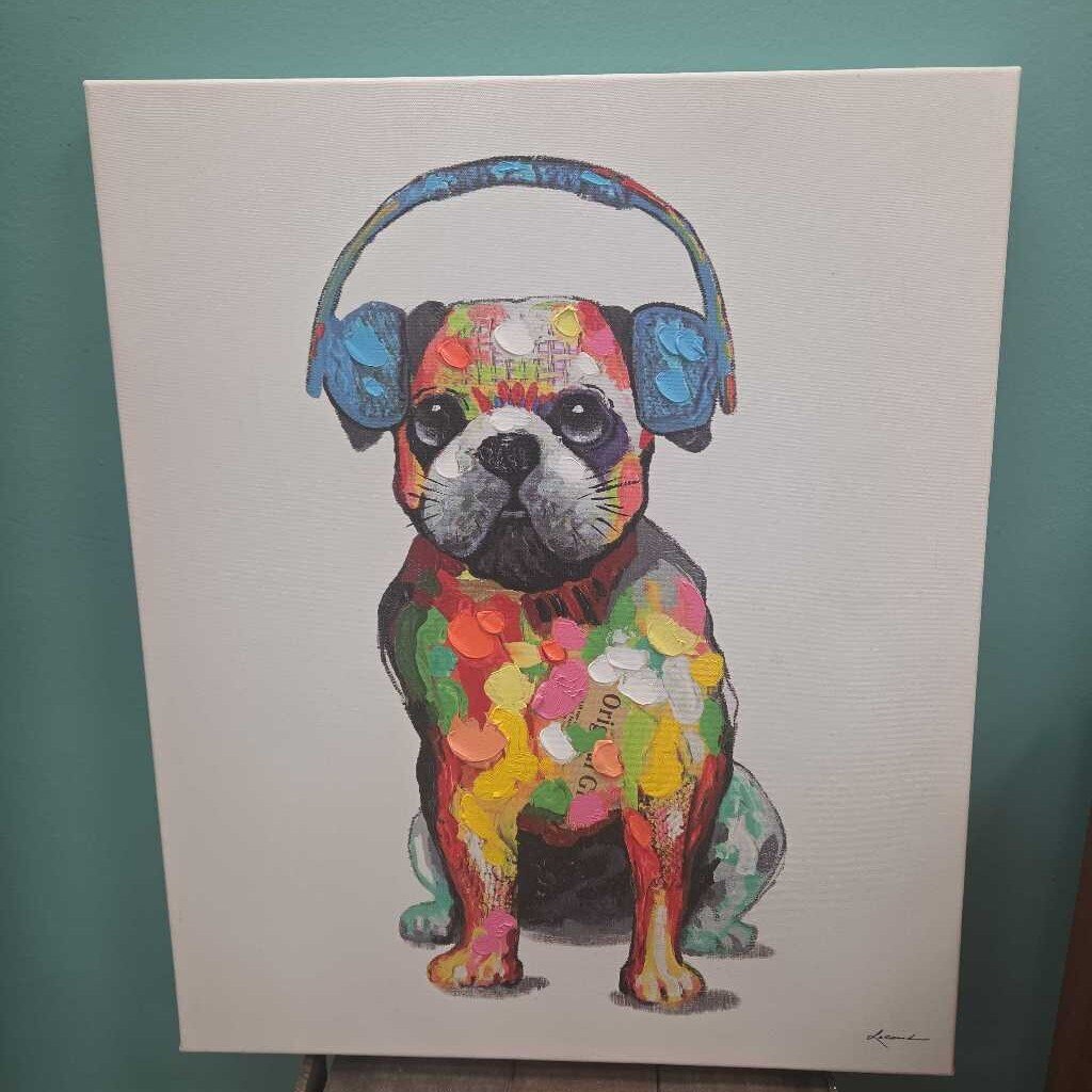Abstract Dog with Headphones Oil on Canvas Print w/Hand Painted Accents
