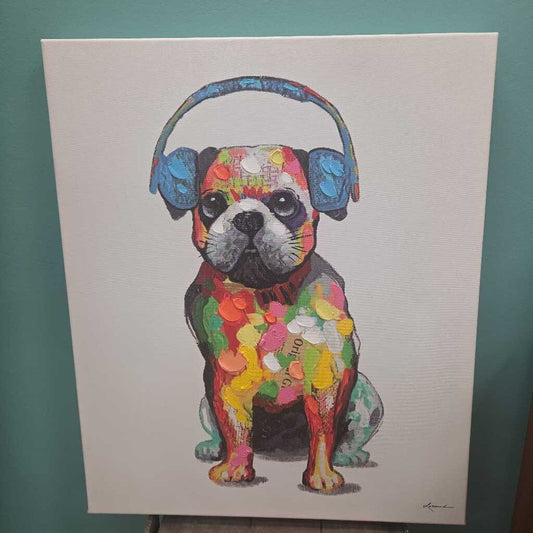 Abstract Dog with Headphones Oil on Canvas Print w/Hand Painted Accents
