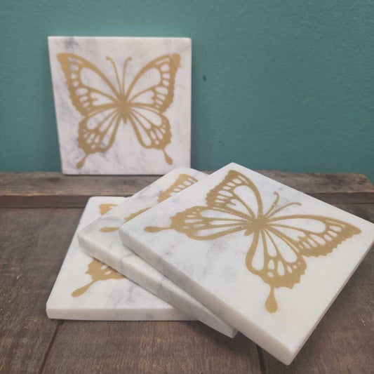 Set of White Marble Coasters with Butterfly Motif
