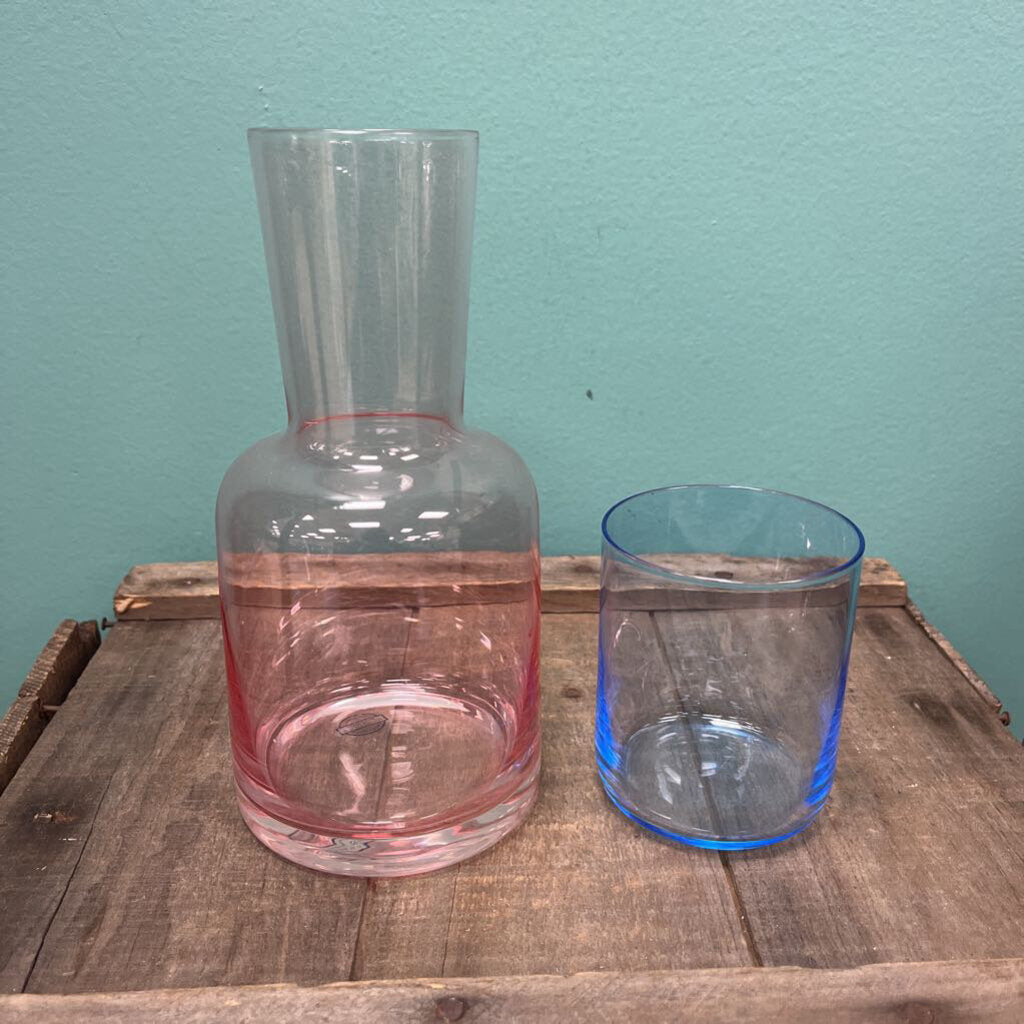 Pink and Blue Glass Bedside Carafe Set