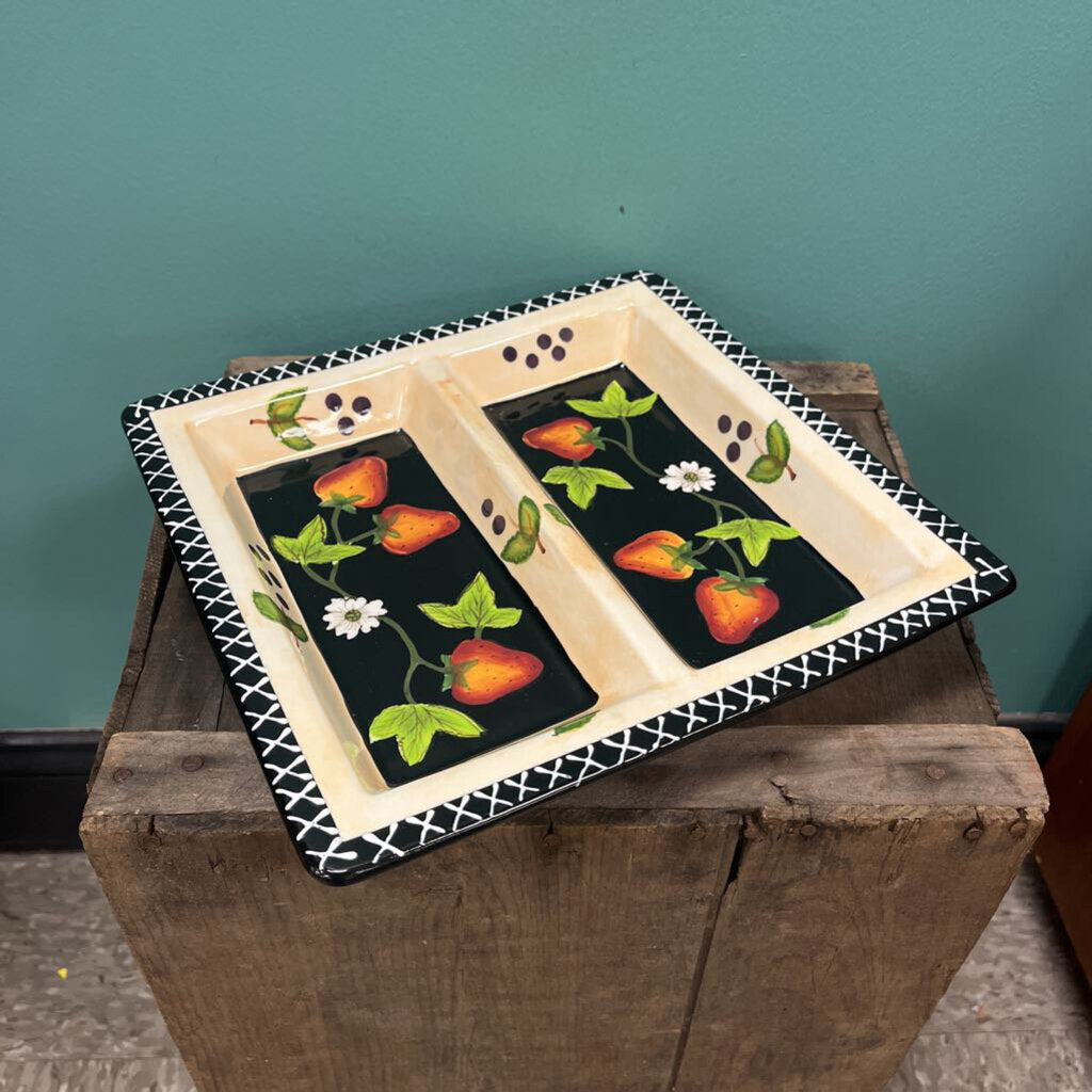 Ceramic Divided Serving Tray with Hand Painted Strawberries