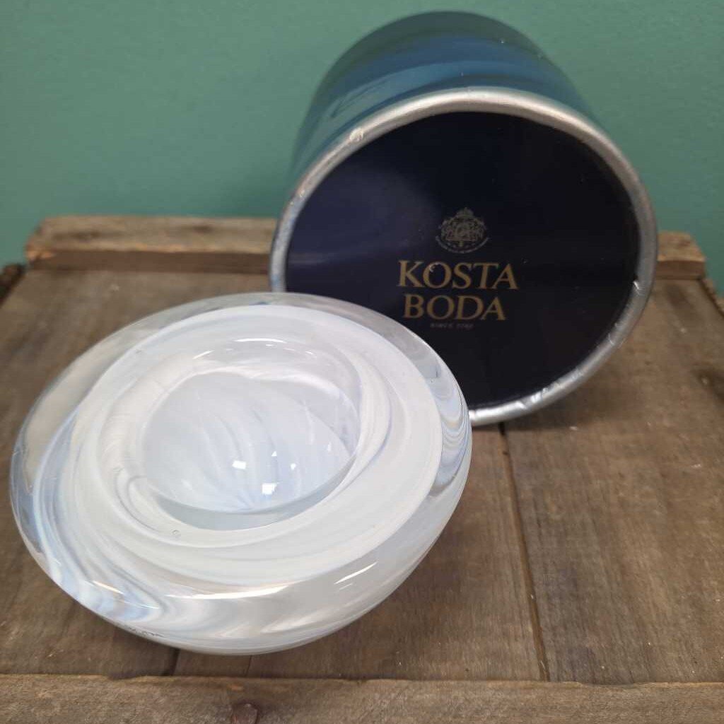 KOSTA BODA Atoll Votive Candle Holder - White/Clear Glass Swirl - NEW