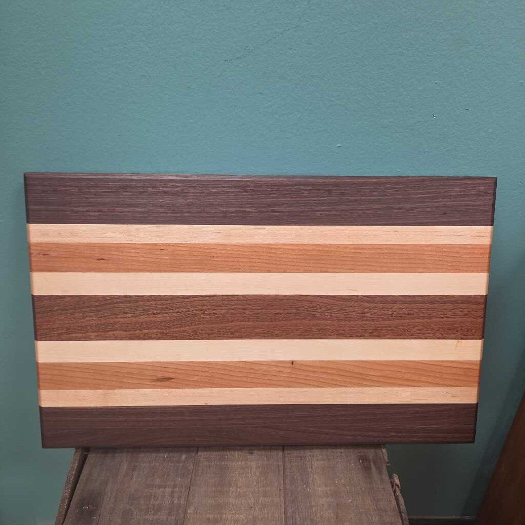 Hand Crafted Wood Cutting Board in Walnut, Cherry, Maple, and Ribbon Sapele