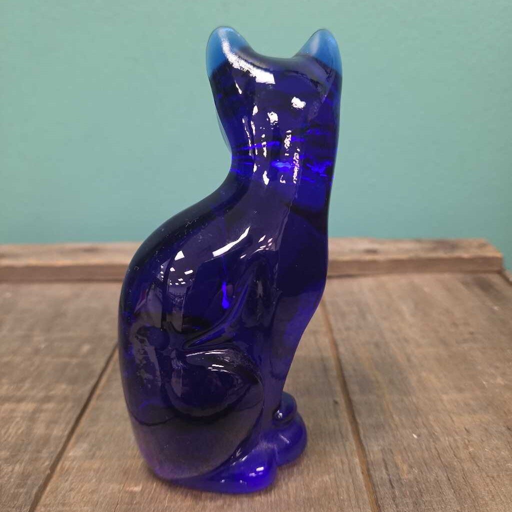 Fenton Cobalt Blue Glass Cat Paperweight