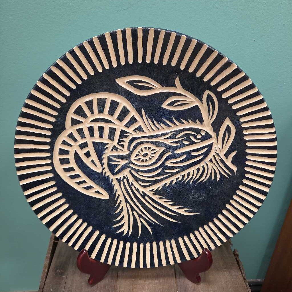 Hand Crafted Decorative Pottery Plate with Rams Head Motif by Tammy Leigh Brooks