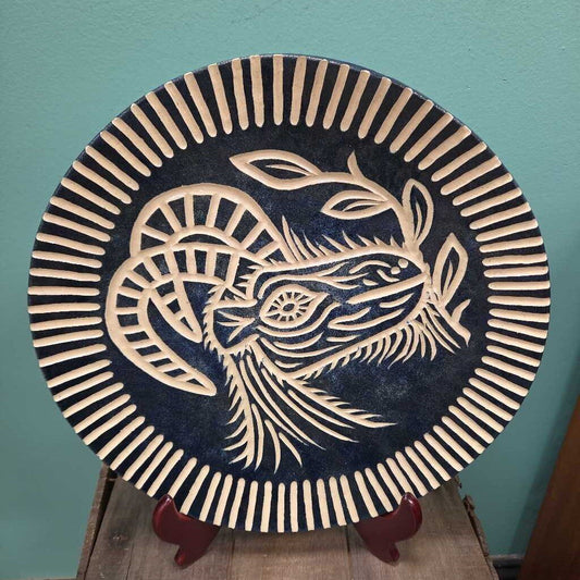 Hand Crafted Decorative Pottery Plate with Rams Head Motif by Tammy Leigh Brooks