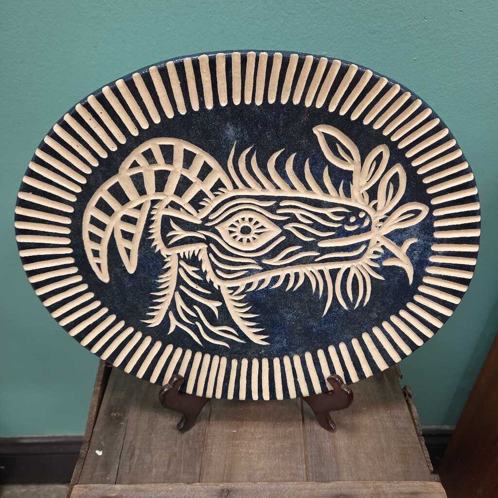 Hand Crafted Decorative Pottery Platter with Rams Head Motif by Tammy Leigh Brooks