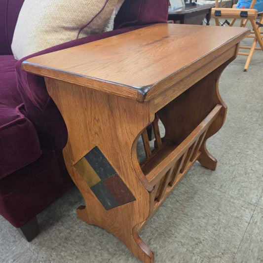 Mid-Century Modern Solid Oak Magazine Rack Side Table with Tile Inlay