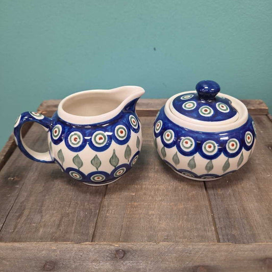 Boleslawiec Polish Pottery Stoneware Peacock Creamer & Sugar Bowl