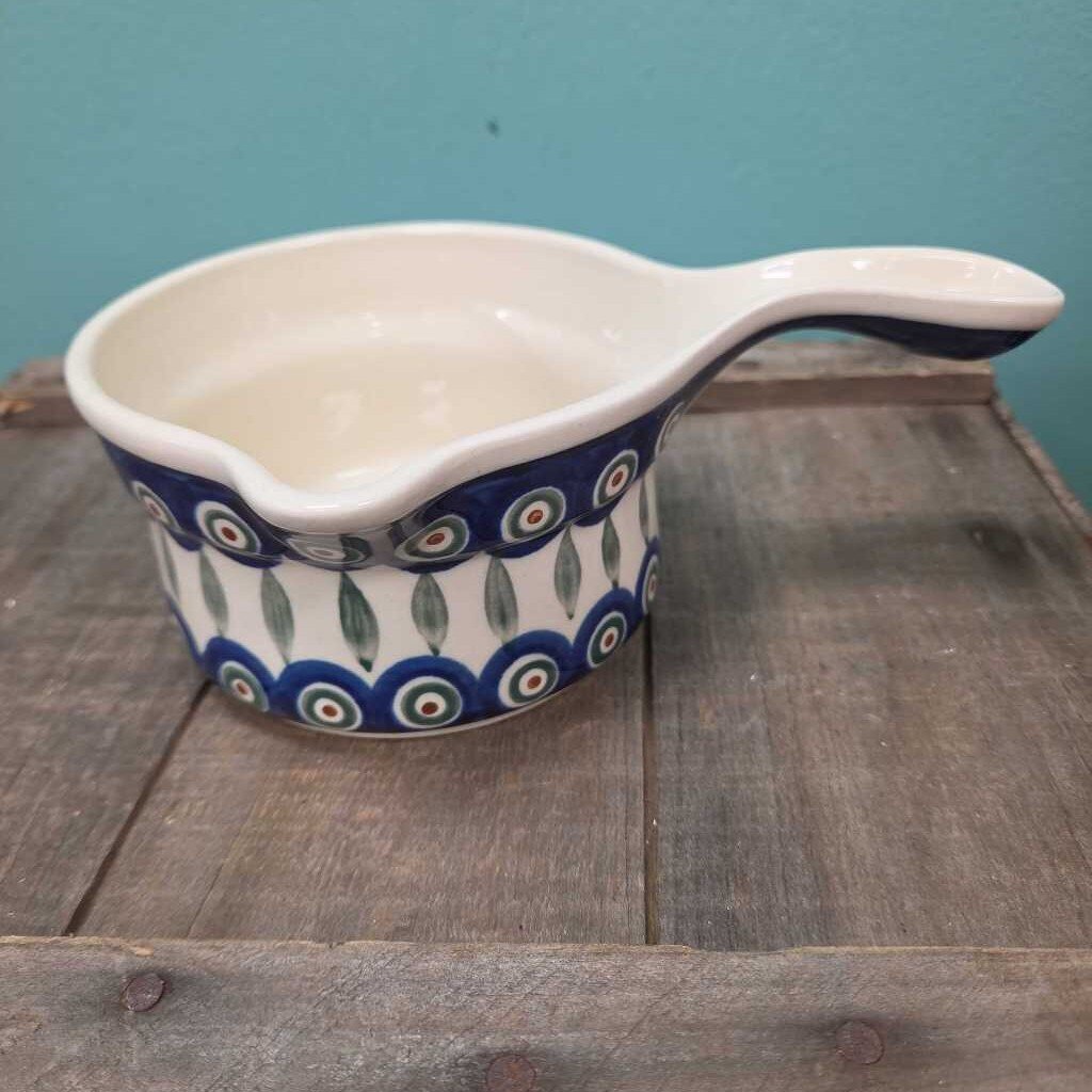 Boleslawiec Polish Pottery Stoneware Peacock Gravy/Sauce Bowl w/Handle