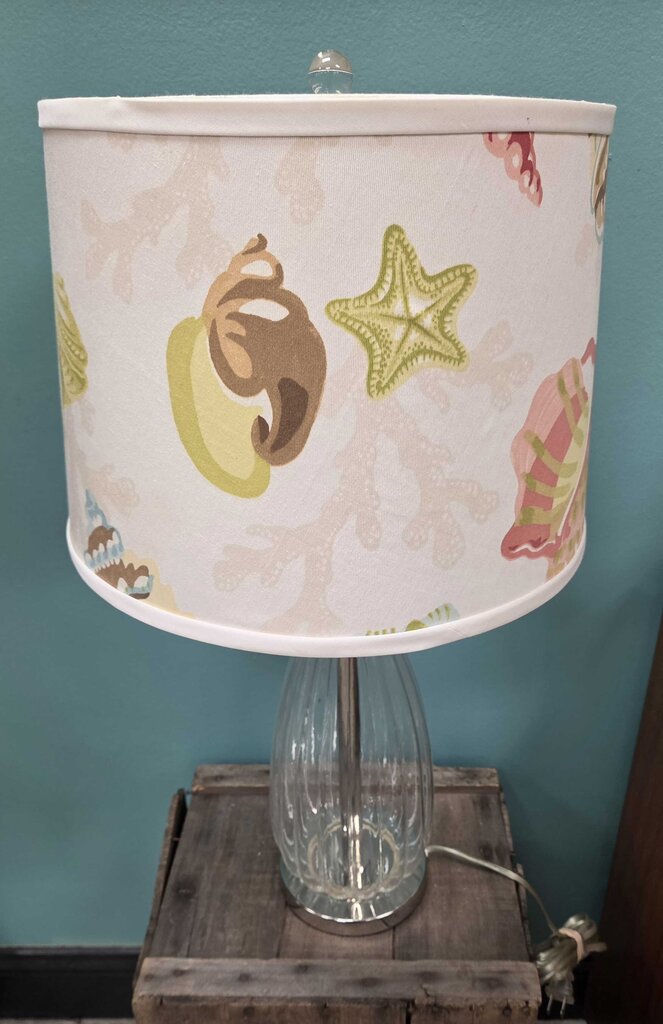 Transitional Ribbed Glass Table Lamp with Seashell Print Shade