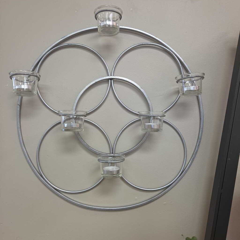 Geometric Silver-Tone Metal Circular Wall Sconce with 5 Glass Holders